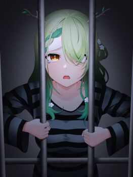 1girl alternate_costume antlers braid breasts ceres_fauna commentary cowboy_shot drey525 english_commentary flower green_hair grey_background grey_shirt hair_flower hair_ornament hair_over_one_eye highres hololive hololive_english horns iron_bars large_breasts long_hair long_sleeves looking_at_viewer mole mole_under_eye one_eye_covered open_mouth parted_bangs prison prison_cell prison_clothes prisoner raised_inner_eyebrows sad shirt sidelocks solo striped_clothes striped_shirt tearing_up virtual_youtuber yellow_eyes