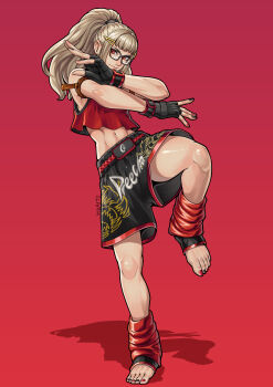 1girl absurdres alternate_color black_shorts blonde_hair boxing_shorts fatal_fury fatal_fury:_city_of_the_wolves fighting_stance fingerless_gloves full_body glasses gloves highres official_alternate_color preecha_(fatal_fury) red_eyes red_tank_top shorts simple_background solo standing standing_on_one_leg tank_top tre_artz