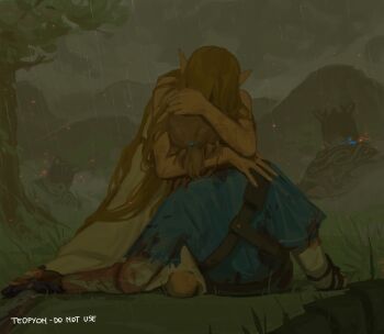 1boy 1girl absurdres artist_name blonde_hair blood champion's_tunic_(zelda) cloud cloudy_sky commentary dress english_commentary english_text fire grass highres hug link long_hair mountain mountainous_horizon nature nintendo on_grass pointy_ears ponytail princess_zelda pyonteo rain sad sky the_legend_of_zelda the_legend_of_zelda:_breath_of_the_wild the_legend_of_zelda:_tears_of_the_kingdom tree very_long_hair wet wet_clothes wet_hair white_dress