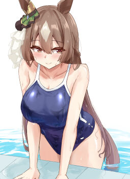 1girl absurdres animal_ears arm_support blue_one-piece_swimsuit blush breasts brown_eyes brown_hair brown_tail cleavage closed_mouth commentary_request ear_ornament gryebooks hair_between_eyes highres horse_ears horse_tail large_breasts long_hair multicolored_hair one-piece_swimsuit pool poolside satono_diamond_(umamusume) solo streaked_hair swimsuit tail tracen_swimsuit umamusume white_streaks