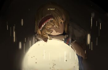 Rule 34 | 1girl, alice margatroid, arm rest, blonde hair, blue wrist cuffs, closed eyes, closed mouth, commentary request, english text, frilled hairband, frilled wrist cuffs, frills, glowing, hairband, head rest, highres, medium hair, nail polish, orb, puffy short sleeves, puffy sleeves, red hairband, red nails, short sleeves, solo, star (symbol), touhou, upper body, wb yimo, wrist cuffs