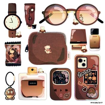 artist_name bottle brown_theme cellphone cellphone_charm charm_(object) commentary compact_(cosmetics) cosmetics creature mp3_player diglett english_commentary english_text flower gen_1_pokemon goomba heart highres ipod moyaco no_humans original ornate_phone_case perfume_(cosmetics) perfume_bottle phone pouch signature simple_background smartphone solid_circle_eyes solid_eyes squeeze_tube sticker sunglasses translation_request watch white_background wristwatch