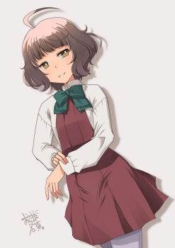 Rule 34 | 1girl, ahoge, artist logo, brown dress, brown eyes, brown hair, collared shirt, commentary request, dress, dress shirt, grey background, grey pantyhose, halter dress, halterneck, highres, kantai collection, kishinami (kancolle), logo, osamada meika, pantyhose, parted lips, pleated dress, shirt, short hair, simple background, smile, solo, white shirt