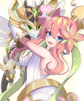 Rule 34 | 1girl, absurdres, back cutout, blonde hair, blue eyes, breasts, clothing cutout, commentary, creature, duel masters, flower, gloves, gold trim, green hair ornament, hair between eyes, hair flower, hair ornament, heart, high ponytail, highres, hug, leotard, long hair, looking at viewer, looking back, multicolored hair, open clothes, pink hair, ponytail, rafululu love (duel masters), royo21294110, short ponytail, sidelocks, signature, symbol-only commentary, white gloves, white leotard, yellow background