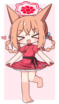 >_< 1girl :d absurdres animal_ears bare_legs barefoot blue_archive blush border braid braided_hair_rings closed_eyes commentary_request crossed_bangs double-parted_bangs dress facing_viewer fang fox_ears fox_girl frilled_dress frills full_body hair_between_eyes hair_rings halo hana_kazari heart highres medium_hair open_mouth orange_hair outside_border pink_background red_dress red_halo rumi_(blue_archive) rumi_(small)_(blue_archive) short_sleeves simple_background skin_fang smile solo standing white_border xd