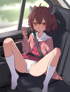 1girl ahoge brown_hair car_interior cardigan cellphone commentary_request dress expressionless flat_chest headgear highres looking_at_viewer panties phone red_eyes sailor_dress short_hair sitting smartphone solo spread_legs touhoku_kiritan underwear variant_set voiceroid white_panties yamamomo_(plank)