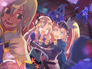&gt;_&lt; 1boy 2girls armor armored_dress blonde_hair blue_eyes breastplate cape capelet cloak covered_navel crying crying_with_eyes_open dress elf forte_(rune_factory) gauntlets ghost gloves hair_ornament highres holding holding_scythe hug juliet_sleeves lest_(rune_factory) long_hair long_sleeves margaret_(rune_factory) monster multiple_girls open_mouth pointy_ears ponytail puffy_sleeves rune_factory rune_factory_4 scared screaming scythe short_hair tasteoftaiyaki tears tiara visor_(armor) white_capelet white_hair