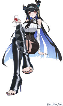 1girl absurdres alcohol black_hair blush boots crossed_legs cup drinking_glass ecchi-o feet highres hololive horns long_hair looking_at_viewer miniskirt multicolored_hair nerissa_ravencroft open-toe_boots parted_lips red_eyes skirt toes two-tone_hair wine wine_glass