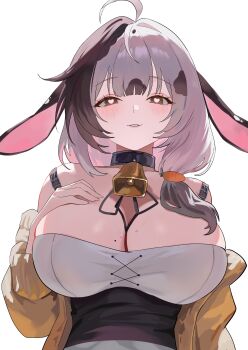 1girl absurdres ahoge animal_ears arm_up bare_shoulders bell black_choker black_hair blush breasts brown_eyes carrot_hair_ornament choker cleavage commentary cow_ears cow_girl food-themed_hair_ornament hair_ornament hair_over_shoulder heart heart-shaped_pupils highres huge_breasts indie_virtual_youtuber jacket looking_at_viewer multicolored_hair nbee_ya neck_bell off_shoulder open_clothes open_jacket parted_lips pink_pupils sidelocks simple_background solo symbol-shaped_pupils two-tone_hair upper_body virtual_youtuber white_background white_hair yellow_jacket