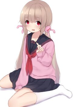 1girl between_legs black_sailor_collar black_skirt blush brown_hair collarbone commentary_request full_body hair_ornament hand_between_legs hand_up highres kanekan long_hair long_sleeves looking_at_viewer low_twintails natori_sana neckerchief no_shoes open_mouth pink_sweater pleated_skirt rabbit_hair_ornament red_eyes red_neckerchief sailor_collar sana_channel school_uniform serafuku simple_background sitting skirt sleeves_past_wrists socks solo straight_hair sweater twintails very_long_hair virtual_youtuber wariza white_background white_socks