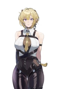 1girl aren67r arm_strap arms_behind_back bare_shoulders black_choker black_gloves black_pants blonde_hair breasts chest_harness choker commentary cowboy_shot elbow_gloves english_commentary evelyn_chevalier gloves half_gloves harness high-waist_pants highres large_breasts latex_pants looking_at_viewer mole mole_under_eye necktie pants parted_lips pendant_choker purple_eyes ring_hair_ornament shirt simple_background single_elbow_glove single_half_glove sleeveless sleeveless_shirt solo tight_clothes tight_pants white_background white_shirt yellow_necktie zenless_zone_zero