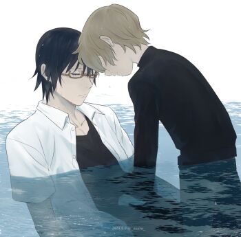 2boys age_difference black_shirt boku_dake_ga_inai_machi brown_hair closed_eyes closed_mouth commentary_request crying dated eyelashes fujinuma_satoru glasses kobayashi_kenya long_sleeves mairu_(582284310) male_focus multiple_boys pants shirt sitting tears time_paradox white_shirt yaoi