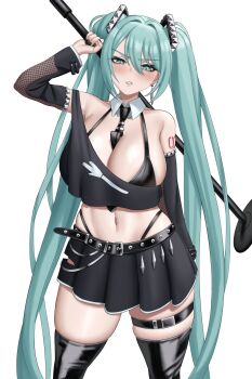 Rule 34 | 1girl, alternate costume, annoyed, bare shoulders, beltb, black bra, black nails, black necktie, black panties, black shirt, black skirt, black sleeves, black thighhighs, blue eyes, blue hair, blush, bra, clenched teeth, collar, crop top, detached collar, detached sleeves, hair between eyes, hatsune miku, long hair, microphone stand, midriff, navel, necktie, oeffe (oeffe blank), off-shoulder shirt, off shoulder, panties, shirt, skindentation, skirt, sleeveless, sleeveless shirt, solo, teeth, thick thighs, thigh strap, thighhighs, thighs, torn clothes, torn skirt, twintails, underwear, very long hair, vocaloid, white background, white collar