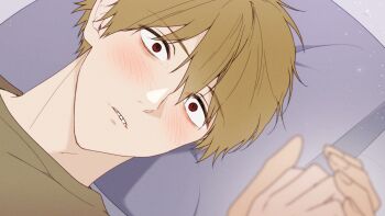 1boy 1girl blonde_hair blush brown_shirt chainsaw_man denji_(chainsaw_man) highres lying male_focus on_back on_bed parted_lips pillow red_eyes reze_(chainsaw_man) ryu_miryu sharp_teeth shirt short_hair solo_focus teeth wide-eyed