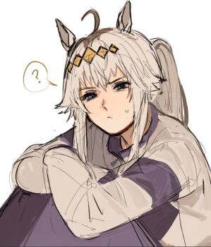 1girl ? ahoge animal_ears blue_eyes closed_mouth crossed_arms hair_between_eyes hairband high_ponytail highres horse_ears horse_girl long_hair looking_at_viewer momokirii00 oguri_cap_(umamusume) ponytail purple_skirt shirt sidelocks simple_background sitting skirt solo speech_bubble spoken_question_mark sweatdrop umamusume v-shaped_eyebrows white_background white_hair white_shirt