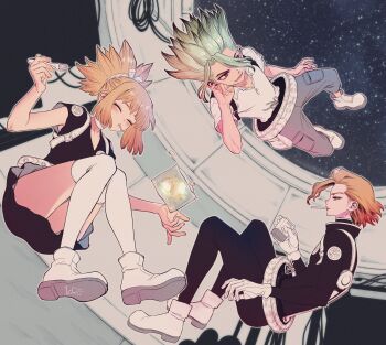 Rule 34 | 1girl, 2boys, belt, black dress, black pants, black shirt, blonde hair, character name, choker, cigarette, closed eyes, denim, dr. stone, dress, drink carton, drinking, eating, floating, food, full body, gloves, gradient hair, green hair, highres, holding, ishigami senkuu, jeans, juice, juice box, knees together feet apart, knees up, kohaku (dr. stone), light blush, long sleeves, mouth hold, multicolored hair, multiple boys, ninomae gin, orange hair, over-kneehighs, pants, ponytail, shirt, shoes, short sleeves, sidelocks, signature, sitting, smile, space, spiked hair, stanley snyder (dr.stone), star (sky), t-shirt, thighhighs, white belt, white choker, white gloves, white shirt, white thighhighs