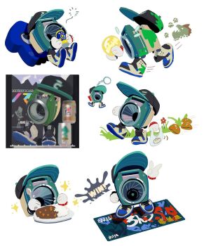 bag baseball_cap black_headwear blue_footwear can charm_(object) clam curry cushion drink_can drinking english_text flower flying_sweatdrops food from_side gloves golden_egg_(splatoon) grass hat holding holding_spoon inkling inkling_player_character japanese_text leaning_back leg_up lemon_dou_oishii maws_(splatoon) motion_lines multiple_views nintendo no_humans octoling octoling_player_character plastic_bag plate red_flower reference_inset rice running screenshot_inset shoes shopping_bag simple_background sitting slime_(substance) sneakers soda_can sparkle splatoon_(series) splatoon_3 spoon squeans standing standing_on_one_leg translation_request walking what white_background white_gloves