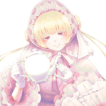 Rule 34 | 1girl, artist name, blonde hair, bonnet, commentary request, dated, fairy, gloves, highres, looking at viewer, mahou tsukai no yome, silkie, smile, solo, tama3 ooo, teapot, white background, white gloves