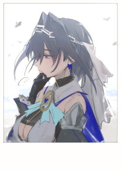 Rule 34 | 1girl, absurdres, black gloves, black hair, blue cape, blue eyes, blue gem, breasts, cape, chain, chain headband, gem, gloves, hair intakes, hand on own chin, heart-shaped gem, highres, hololive, hololive english, hunk 404, large breasts, ouro kronii, ouro kronii (1st costume), shirt, solo, veil, virtual youtuber, white shirt, white veil
