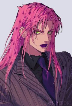1boy artist_name black_collar brown_jacket collar collared_shirt curtained_hair diavolo eyelashes firepok green_eyes grey_background jacket jojo_no_kimyou_na_bouken long_hair looking_at_viewer male_focus necktie parted_hair pink_hair polka_dot polka_dot_hair purple_lips purple_necktie shirt sidelocks simple_background solo spotted_hair suit_jacket upper_body watermark wing_collar