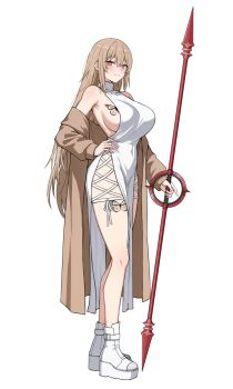 blonde_hair boots breast_tattoo breasts bright_pupils butterfly_tattoo character_request closed_mouth commission copyright_request covered_collarbone dress evil_rat hand_on_own_hip highres holding holding_polearm holding_weapon large_breasts leg_tattoo long_hair pink_eyes polearm spear tattoo turtleneck turtleneck_dress weapon white_background white_boots white_dress white_pupils