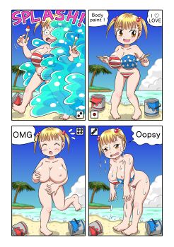 1girl :3 absurdres american_flag american_flag_bikini american_flag_print barefoot beach bikini blonde_hair blush bodypaint breasts brown_eyes cleavage closed_eyes cloud collarbone completely_nude covering_breasts covering_crotch covering_privates dice embarrassed female_focus flag_print flag_print_bikini flying_sweatdrops full_body hair_bobbles hair_ornament heart highres large_breasts loli long_hair marup navel nipples nude ocean open_mouth oppai_loli paint paint_can painted_clothes palm_tree print_bikini pussy saeko-chan_(marup) sand sky smile splashing spoken_heart standing standing_on_one_leg star_(symbol) star_print striped_bikini striped_clothes surprised swimsuit tree twintails water waves wet