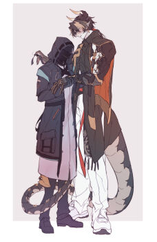 1boy 1girl absurdres arknights arm_grab armor black_cloak black_coat black_footwear black_gloves black_pants blush brown_hair chongyue_(arknights) cloak coat collared_cloak colored_extremities commentary_request doctor_(arknights) dragon_boy dragon_horns dragon_tail earrings female_doctor_(arknights) full_body gloves grey_background grin half_gloves hands_up hetero high_collar highres hood hood_up hooded_coat horns jewelry korean_commentary long_hair long_sleeves long_tail looking_at_another low_ponytail mask multicolored_hair open_clothes open_coat pants pauldrons pointy_ears ponytail red_eyes rerebrace shoes shoulder_armor simple_background single_glove single_pauldron smile sneakers standing streaked_hair tail tail_around_another&#039;s_leg tail_wrap walhee221 white_footwear white_pants