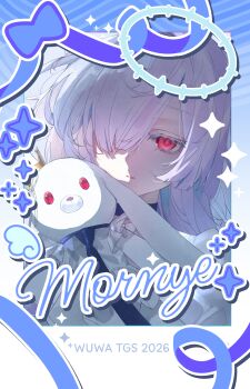 1girl absurdres character_name commentary_request grey_hair hair_over_one_eye highres holding holding_stuffed_toy long_hair looking_at_viewer mornye_(wuthering_waves) official_alternate_costume parted_lips red_eyes shigureszku solo stuffed_animal stuffed_toy wuthering_waves