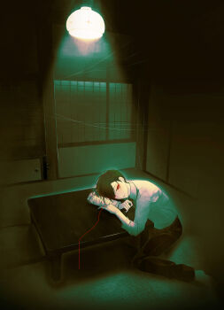 Rule 34 | 1boy, absurdres, architecture, ariake (ooe), black hands, black pants, blush, cast, chabudai, collared shirt, colored extremities, commentary request, east asian architecture, highres, indoors, kurosawa (adelta), lamp, male focus, official art, ooe (game), pants, red eyes, shirt, sliding doors, string, string of fate, table, tatami