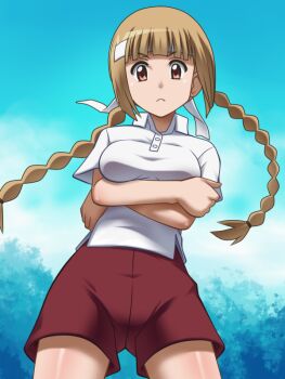 1girl awa braid breasts brown_eyes brown_hair cloud crossed_arms from_below frown gym_shorts gym_uniform igarashi_kaede large_breasts long_hair looking_at_viewer outdoors red_shorts seitokai_yakuindomo shirt short_sleeves shorts sky standing tree twin_braids white_shirt