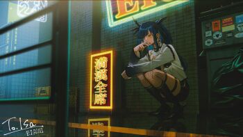 1girl absurdres black_hair blue_eyes blue_hair blue_nails cigarette earrings eigoni fishnet_socks fishnets head_wings heterochromia high_heels highres hoop_earrings indie_virtual_youtuber isaa_corva jacket jewelry long_hair mole mole_under_eye multicolored_hair neon_lights orange_eyes reflective_floor socks squatting streaked_hair thigh_strap thighs trash_bag virtual_youtuber white_jacket wings