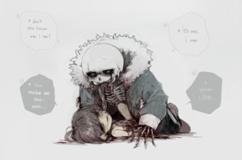 2others black_shirt blood blood_from_mouth blood_on_clothes blood_on_face blood_on_ground bloody_tears blue_jacket bone brown_hair cannibalism completely_nude death dismemberment empty_eyes english_text frisk_(undertale) guro hand_on_ground intestines jacket lying multiple_others nude on_back on_person open_clothes open_jacket pink_slippers sans_(undertale) shirt skeleton slippers soseji_(tjduswjd) speech_bubble undertale utdr_(toby_fox) white_background white_eyes