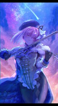 1girl absurdres black_hat borrowed_character breasts closed_eyes commentary_request commission cowboy_shot hat highres holding holding_instrument holding_violin instrument leotard medium_breasts music original pantyhose playing_instrument purple_hair shooting_star short_hair skeb_commission sugomori_tsuru_(hana_tsuru_wo) violin