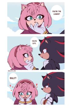 1boy 1girl amy_rose animal_ears black_fur blush coat english_text eyelashes furry furry_female furry_male green_eyes hallsth-eien hand_on_another's_cheek hand_on_another's_face hands_on_own_face headband heart hedgehog_boy hedgehog_girl highres looking_at_another pink_fur red_eyes shadow_the_hedgehog sonic_(live_action) sonic_(series)