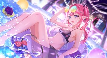 1girl absurdres adjusting_eyewear ahoge ball bikini black_bikini blurry blurry_background breasts building camila_(vtuber) chair cimp_(camila_(vtuber)) commentary eyelashes eyewear_on_head facial_mark fang gradient-tinted_eyewear hair_intakes highres indie_virtual_youtuber long_hair looking_at_viewer multicolored_hair nano_popo02 navel night open_mouth pink_hair pool pool_ladder purple_eyes round_eyewear small_breasts smile solo_focus star_(sky) stomach streaked_hair sunglasses swim_ring swimsuit symbol-only_commentary tinted_eyewear twintails umbrella virtual_youtuber water water_drop white_streaks