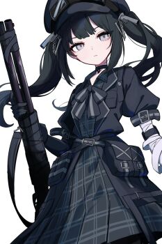 1girl ammunition_pouch arm_belt bandaged_arm bandages belt belt_buckle belt_pouch black_belt black_bow black_bowtie black_choker black_dress black_gloves black_hair black_hat black_jacket bow bowtie buckle choker closed_mouth collared_dress commentary_request cowboy_shot double-parted_bangs dress expressionless floating_hair gloves goggles goggles_on_headwear grey_eyes gun hand_up hat highres holding holding_gun holding_weapon jacket kurobe_nanoka lapels long_hair long_sleeves looking_at_viewer mahou_shoujo_no_majo_saiban newsboy_cap open_clothes open_collar open_jacket plaid_clothes plaid_dress pouch simple_background solo twintails waipiiy weapon weapon_request weapon_strap white_background