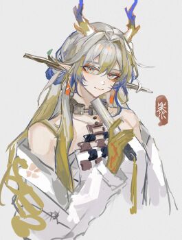 Rule 34 | 1girl, absurdres, arknights, bare shoulders, blonde hair, blue hair, closed mouth, colored extremities, dragon girl, dragon horns, earrings, eyeliner, grey eyes, grey hair, hair between eyes, hair intakes, highres, holding, horns, jacket, jewelry, long hair, long sleeves, looking at viewer, makeup, multicolored hair, necklace, off shoulder, orange eyeliner, pointy ears, shu (arknights), simple background, sketch, smile, solo, white background, white jacket, zhishi mao tiao