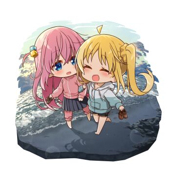 Rule 34 | 2girls, ahoge, barefoot, beach, black skirt, blonde hair, blue eyes, blush, bocchi the rock!, brown shoes, chibi, chibi only, chika (06chimika13), commentary request, cube hair ornament, gotoh hitori, hair ornament, highres, holding, holding shoes, holding unworn clothes, ijichi nijika, jacket, locked arms, long hair, looking at another, multiple girls, open mouth, pants, pink hair, pink jacket, pink pants, pink track suit, pleated skirt, shoes, sidelocks, skirt, smile, track jacket, track pants, track suit, unworn shoes