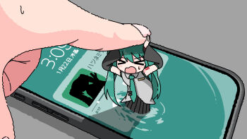 Rule 34 | > <, 1girl, 1other, black skirt, black sleeves, blush, cellphone, closed eyes, collared shirt, commentary request, detached sleeves, emesan desu, green hair, green necktie, grey shirt, hatsune miku, highres, long hair, long sleeves, mini person, minigirl, necktie, open mouth, phone, pleated skirt, shirt, skirt, sleeveless, sleeveless shirt, small sweatdrop, smartphone, solo focus, translation request, twintails, vocaloid