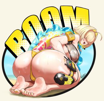 1girl 2025 ahoge arched_back artist_name ass ass_focus beach blonde_hair blue_sky blush border breasts brown_outline cloud cloudy_sky commentary elegg_(boom_and_shock)_(nikke) elegg_(nikke) english_commentary eyes_visible_through_hair feet from_behind full_body goddess_of_victory:_nikke hair_intakes hair_over_eyes highres huge_ass huge_breasts innertube knee_pads long_bangs looking_at_viewer medium_hair multicolored_hair nail_polish navel outline outside_border parted_lips partially_visible_vulva rito_art shadow sideboob sky slingshot_swimsuit soles solo sound_effects swim_ring swimsuit toe_scrunch toenail_polish toenails toes two-tone_hair wet yellow_nails yellow_slingshot_swimsuit