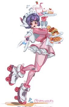 1girl burger cake commentary dress english_commentary food frilled_headwear frills highres juno_(overwatch) milkshake multicolored_hair overwatch panicking pink_dress pink_hair purple_hair roller_skates skates solo tripping waitress