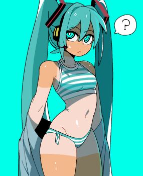 1girl ? bikini blue_background blue_bikini blue_eyes breasts commentary cowboy_shot dizzyspells english_commentary hatsune_miku headset long_hair looking_at_viewer multicolored_bikini navel small_breasts solo spoken_question_mark sports_bikini striped_bikini striped_clothes sweatdrop swimsuit tan tanline twintails two-tone_bikini undressing very_long_hair vocaloid white_bikini