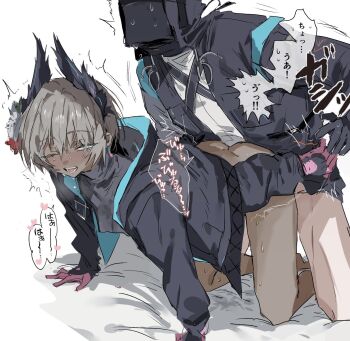 1boy 1girl arknights bird_girl black_coat black_jacket black_shirt blue_eyes bottomless coat commentary_request dark-skinned_female dark_skin doctor_(arknights) doggystyle extra_arms gloves grey_hair head_wings hetero highres jacket male_doctor_(arknights) na_tarapisu153 one_eye_closed open_mouth pink_gloves raidian_(arknights) sex sex_from_behind shirt short_hair translation_request wings
