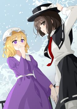 Rule 34 | 2girls, asymmetrical hair, black capelet, black hat, black skirt, blonde hair, bow, brown eyes, brown hair, bush, capelet, chimi (s2yuyukos2), collared dress, collared shirt, commentary, cowboy shot, dress, fence, frilled skirt, frills, from side, hair ribbon, hand on own face, hand on own hat, hat, hat bow, holding hands, interlocked fingers, long sleeves, looking at another, looking at viewer, maribel hearn, mob cap, multiple girls, necktie, open mouth, purple dress, purple eyes, red necktie, ribbon, ribbon-trimmed capelet, ribbon trim, shirt, shirt tucked in, skirt, snow, touhou, turning head, usami renko, waist ribbon, white bow, white hat, yuri