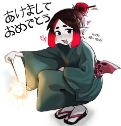 Rule 34 | 1girl, absurdres, black eyes, black hair, colored skin, eleanor (justadrian), english text, fang, fireworks, green kimono, hair bun, happy new year, heart, highres, holding fireworks, japanese clothes, justadrian (yoadriandk), kimono, multicolored hair, new year, pointy ears, red hair, sandals, short hair, smile, sparkler, thick eyebrows, two-tone hair, vampire