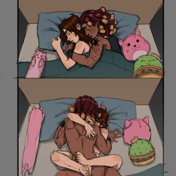 2girls absurdres arm_tattoo bite_mark blanket brown_hair closed_eyes completely_nude dark-skinned_female dark_skin dreadlocks dvainessa_faj heart highres killjoy_(valorant) leg_lock long_hair multiple_girls nail_polish nude orange_nails pillow raze_(valorant) sex sleeping stuffed_animal stuffed_toy tattoo toe_scrunch toenail_polish toenails toes valorant wristband yellow_nails yuri