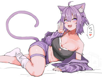 :3 ahoge animal_ear_fluff animal_ears bare_shoulders black_camisole breasts camisole cat_ears cat_girl cat_tail cleavage clothing_cutout commentary fangs foot_out_of_frame heart heart_cutout highres hololive jacket karakr_shin large_breasts leg_warmers nekomata_okayu off_shoulder open_clothes open_jacket open_mouth purple_eyes purple_hair purple_jacket purple_shorts purple_tail short_hair shorts speech_bubble spoken_heart symbol-only_commentary tail two_side_up virtual_youtuber white_leg_warmers
