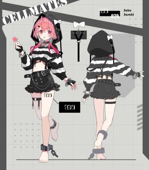 1girl absurdres ahoge barefoot belt black_belt black_choker black_gloves black_shirt black_shorts blue_hair blush bow candy character_name choker colored_inner_hair commentary_request crop_top crossed_bangs cuffs double-parted_bangs earrings fingerless_gloves food frilled_shorts frills full_body gloves gradient_hair group_name hair_between_eyes handcuffs highres holding holding_candy holding_food holding_lollipop hood hood_bow hood_up jewelry leg_tattoo lollipop long_sleeves looking_at_viewer lowro_(en) multicolored_hair multiple_views nijisanji number_tattoo o-ring o-ring_belt o-ring_choker o-ring_thigh_strap official_alternate_costume official_art open_mouth pink_eyes pink_hair prison_clothes reference_sheet ribbon_earrings sasaki_saku second-party_source shirt short_shorts shorts single_earring skirt solo standing standing_on_one_leg striped_clothes striped_shirt suspender_shorts suspender_skirt suspenders suspenders_slip sweater tattoo thigh_strap torn_clothes torn_shirt two-tone_hair two-tone_shirt v-shaped_eyebrows virtual_youtuber white_bow white_shirt wolf_cut