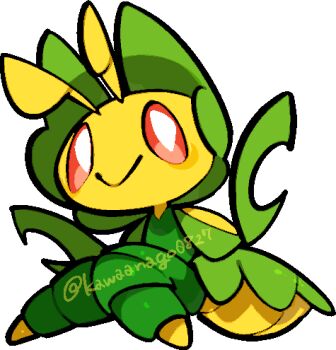 :> antennae chibi chibi_only closed_mouth commentary_request full_body gen_5_pokemon kawaanago leavanny lowres nintendo pokemon pokemon_(creature) pokemon_focus smile solo transparent_background twitter_username