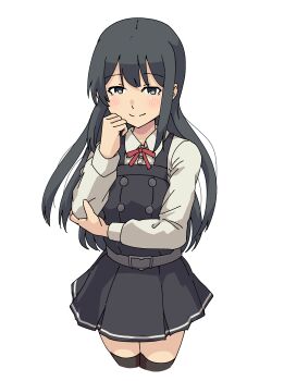 1girl absurdres asashio_(kancolle) asashio_kai_ni_(kancolle) black_dress black_hair black_thighhighs blue_eyes collared_shirt commentary cowboy_shot cropped_legs dress dress_shirt hand_on_own_elbow highres kantai_collection long_hair pinafore_dress rockborder shirt simple_background sleeveless sleeveless_dress smile solo symbol-only_commentary thighhighs white_background white_shirt